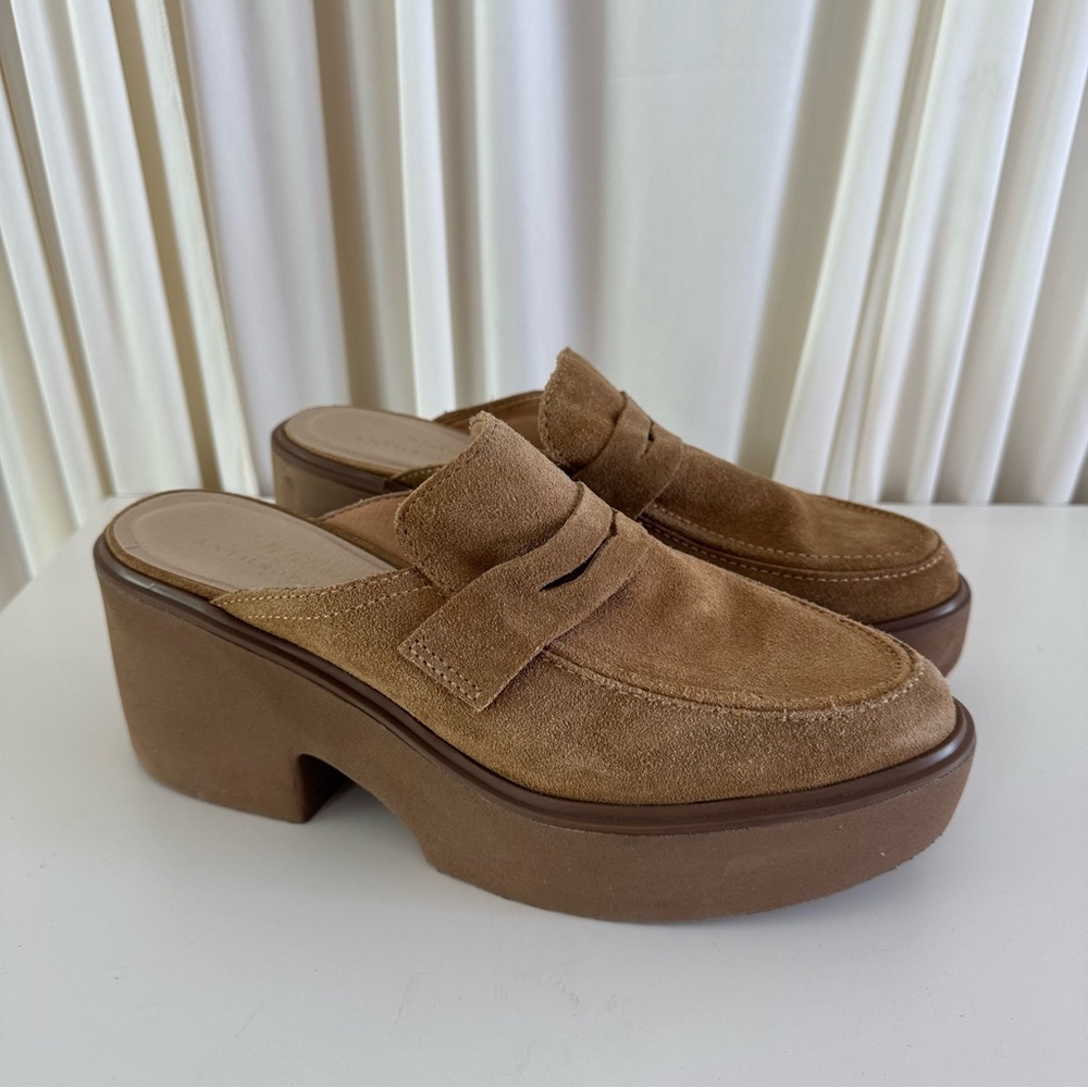 Anthropologie Matisse Kelly Tan Suede Platform Mules Loafers Size 10 - Picture 2 of 8